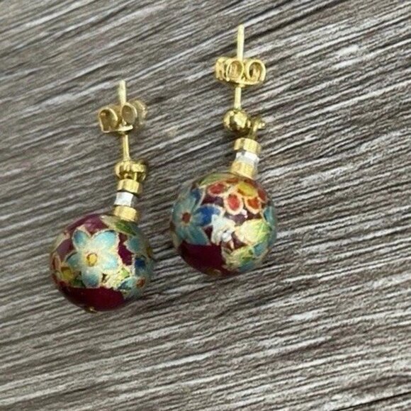 Vintage Cloisonne Earrings Carnelian Earrings Enamel Red White Round Dangle 1” - Picture 8 of 12